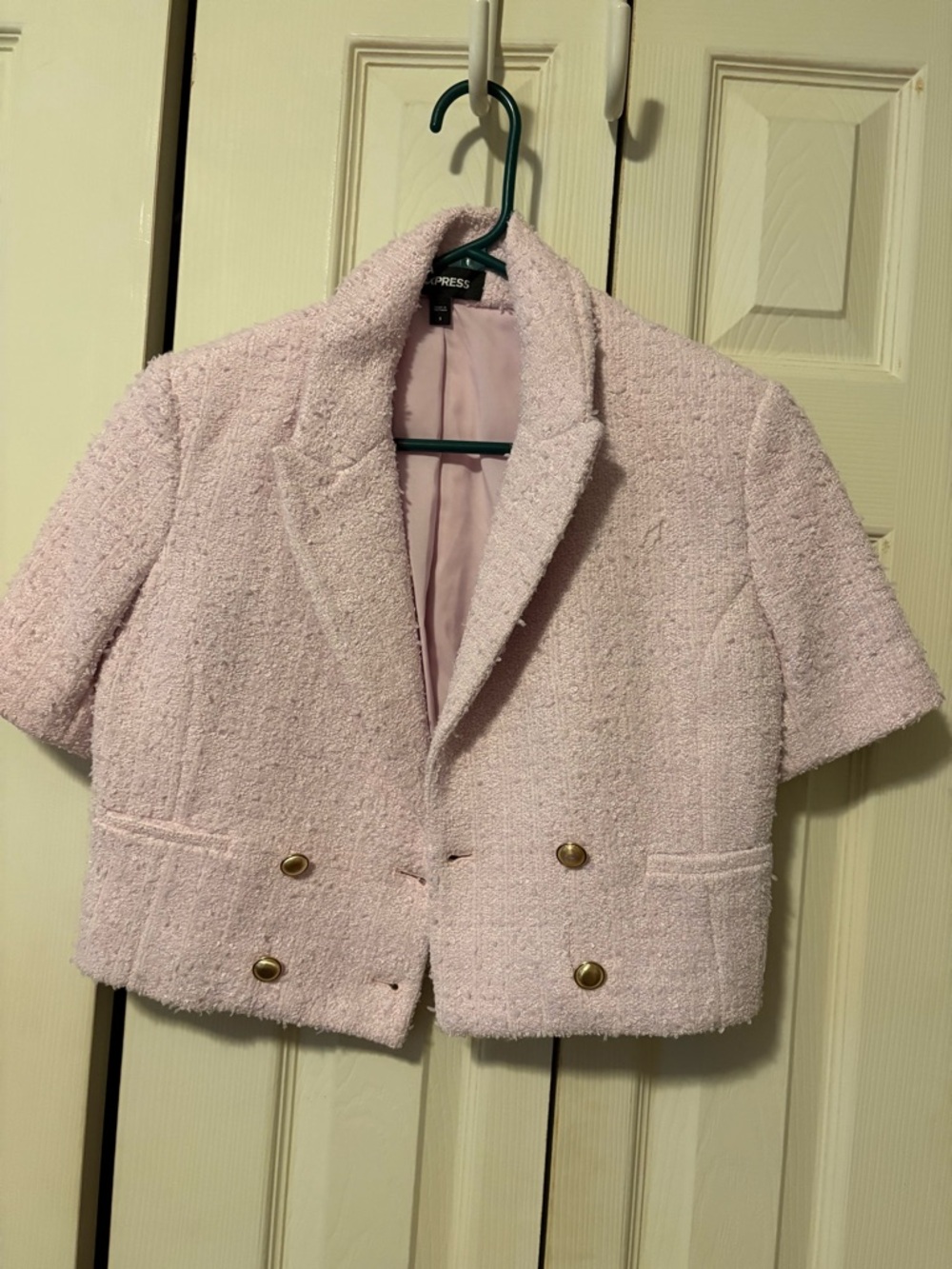 Express Pink Tweed Short Sleeve Cropped Blazer with Gold Buttons